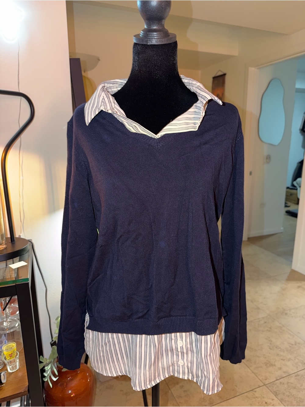 Adrianna Papell Navy V-Neck Sweater with Attached Striped Shirt
